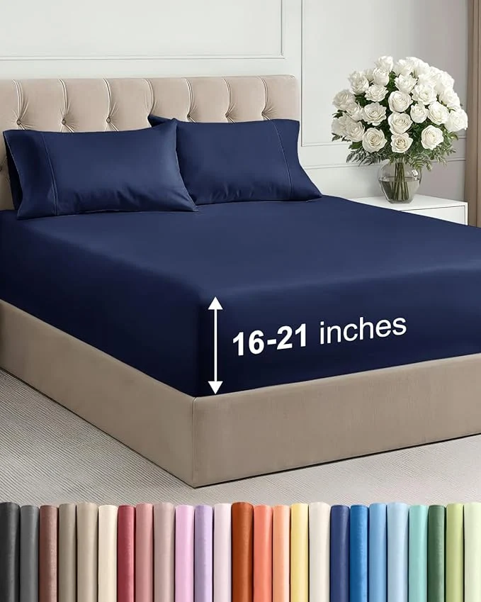 Selected Extra Deep Pocket Cal King Size Sheet Set – 4 Piece Breathable amp Cooling Bed Sheets – Hotel Luxury Bedding with 16 to 21 inch Extra Deep Pockets – Soft Fade amp Wrinkle Resistant – Oeko-Tex – Navy Blue Exclusive
