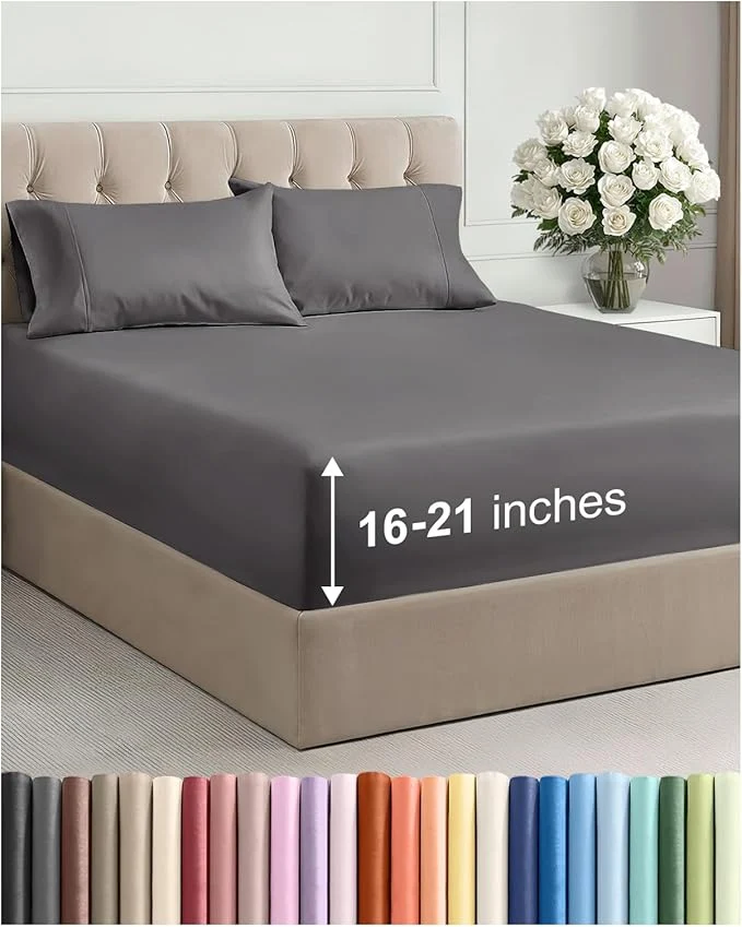 Refined Extra Deep Pocket Queen Size Sheet Set – 4 Piece Breathable amp Cooling Bed Sheets – Hotel Luxury Bedding with 16 to 21 inch Extra Deep Pockets – Soft Fade and Wrinkle Resistant – Oeko-Tex – Dark Grey Practical