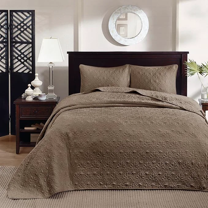 Casual Madison Park Quebec Reversible Damask Design Double Sided Quilting All Season Lightweight Coverlet Bedspread Bedding Set Matching-Shams Queen 102 quot x118 quot Mocha High-Grade