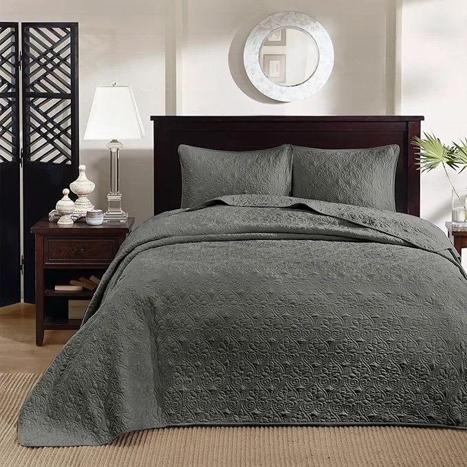 Traditional Madison Park Quebec Reversible Damask Design Double Sided Quilting All Season Lightweight Coverlet Bedspread Bedding Set Matching-Shams Queen 102 quot x118 quot Dark Grey User-Friendly