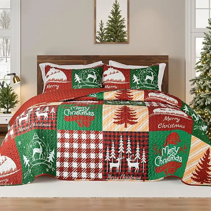 Healthy Whale Flotilla Patchwork Quilt King Size Soft Boho Christmas Bedspreads for Bed Reversible Lightweight King Quilt Bedding Set Coverlets with 2 Pillow Shams for All Seasons Happy Christmas Original