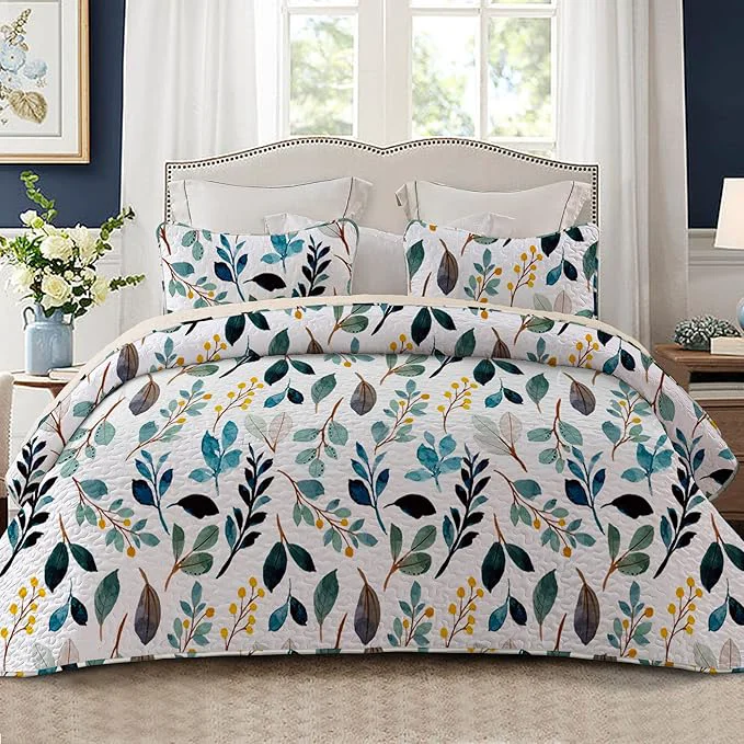 Smooth Whale Flotilla Reversible Printed Quilts Queen Size Extra Soft Boho Floral Leaf Bedspreads for Bed Lightweight Full Queen Quilt Bedding Set Coverlets with 2 Pillow Shams for All Seasons White Green Flexible