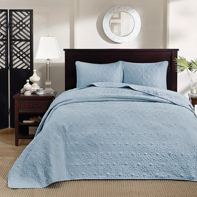 Recyclable Madison Park Quebec Reversible Quilt Set Damask Design Double Sided Stitching All Season Lightweight Bedspread Bedding Set Matching Sham Blue King 120 quot x118 quot 3 Piece Solid