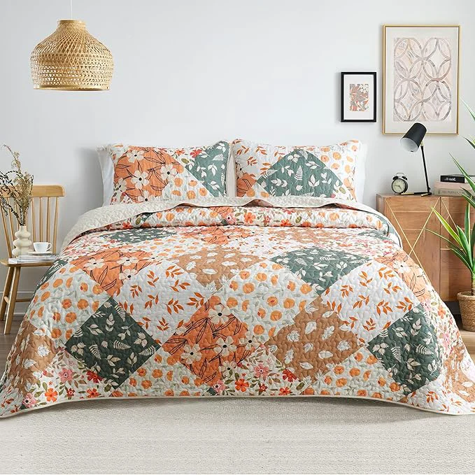 Specialty Whale Flotilla Patchwork Quilts Queen Size Extra Soft Boho Floral Bedspreads for Bed Reversible Lightweight Full Queen Quilt Bedding Set Printed Coverlets with 2 Pillow Shams for All Seasons Orange Fashionable