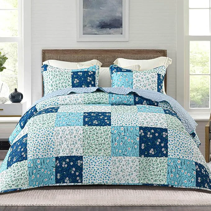 Original Whale Flotilla Patchwork Quilt Twin Size Extra Soft Boho Floral Bedspreads for Bed Reversible Lightweight Twin Quilt Bedding Set Printed Coverlets with 1 Pillow Sham for All Seasons Blue Natural