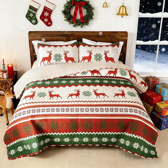 Fine Whale Flotilla Christmas Quilt Twin Size Soft Boho Floral Bedspreads for Bed Reversible Lightweight Twin Quilt Bedding Set Coverlets with 1 Pillow Sham for All Seasons Happy Snowflake Green