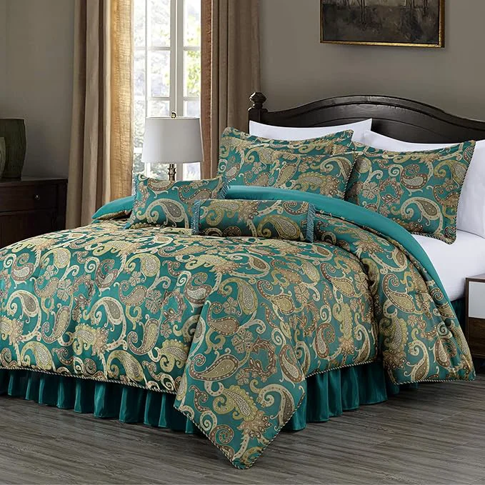 Sustainable Chezmoi Collection Adelle 7-Piece Paisley Jacquard Embroidered Comforter Bedding Set King Teal Modern