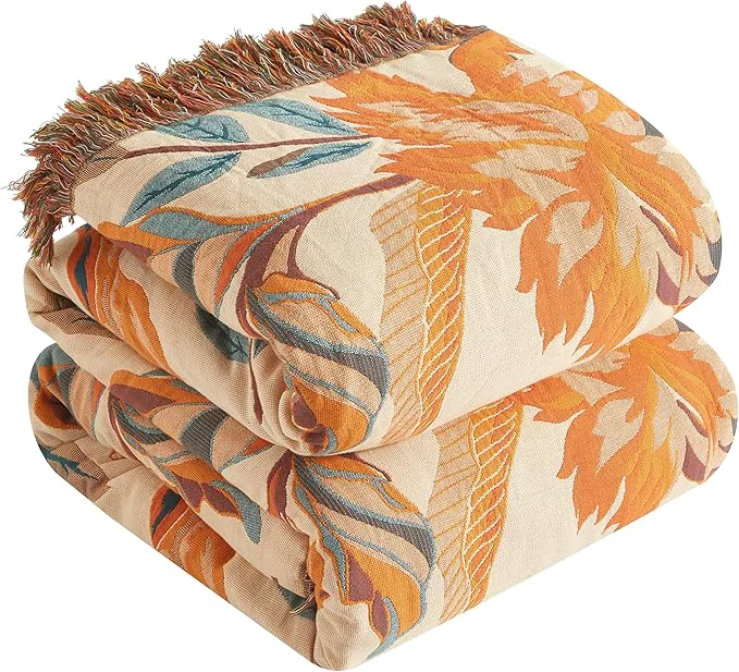 Top-Quality Boho Throw Blanket for Bed 90 x98 Cotton Woven Blanket for Couch Sofa Ultra Soft 4-Layer Muslin Quilt with Floral Printed Farmhouse Bed Blanket Cover for Living Room Decor Exclusive