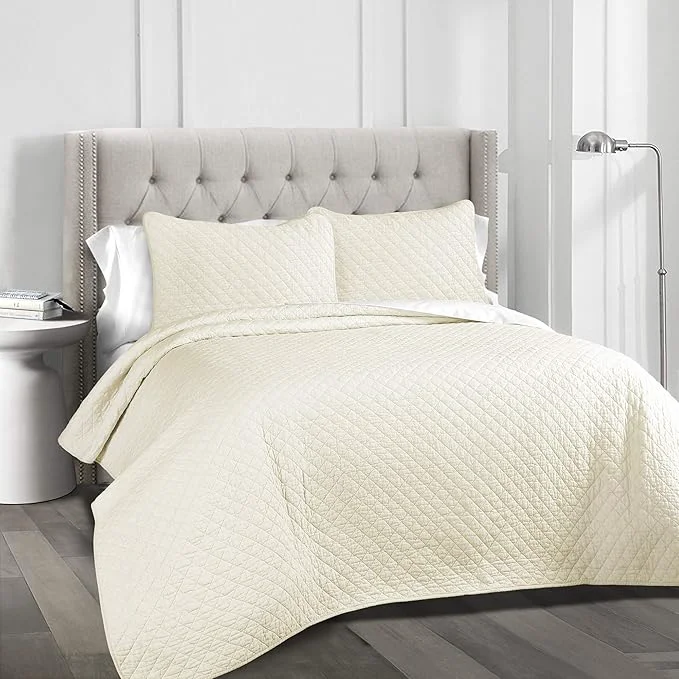 High-End Lush Decor Ava Quilt Diamond Pattern Solid 3 Piece Oversized Bedding Blanket Bedspread Set – Full Queen – Ivory Breathable