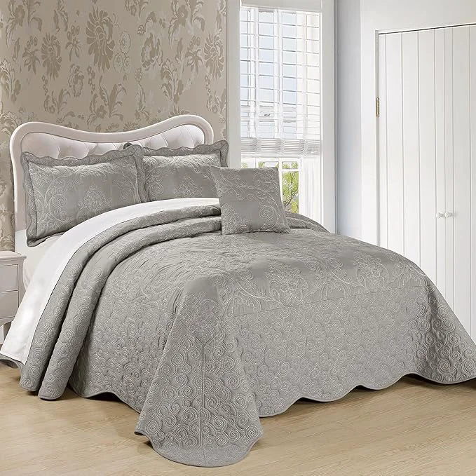 Recyclable Home Soft Things Damask 4 Piece Bedspread Set Scalloped Edge Reversible Quilt Coverlet Comforter Prewashed Bedding Set Matelasse Embossed Floral Solid Pattern Ash Gray Oversize Queen 110 quot x 120 quot Specialty