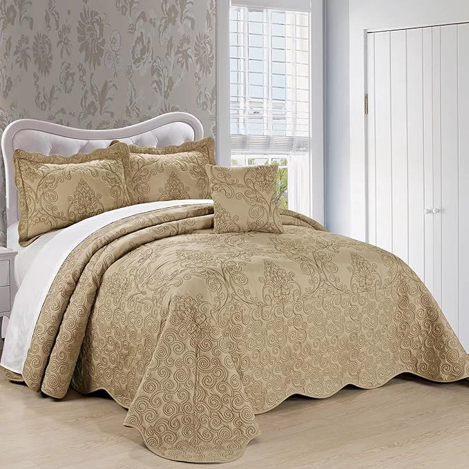 Minimalist Home Soft Things Damask 4 Piece Bedspread Set Scalloped Edge Reversible Quilt Coverlet Comforter Prewashed Bedding Set Matelasse Embossed Floral Solid Pattern Incense Oversize Queen 110 quot x 120 quot Smart