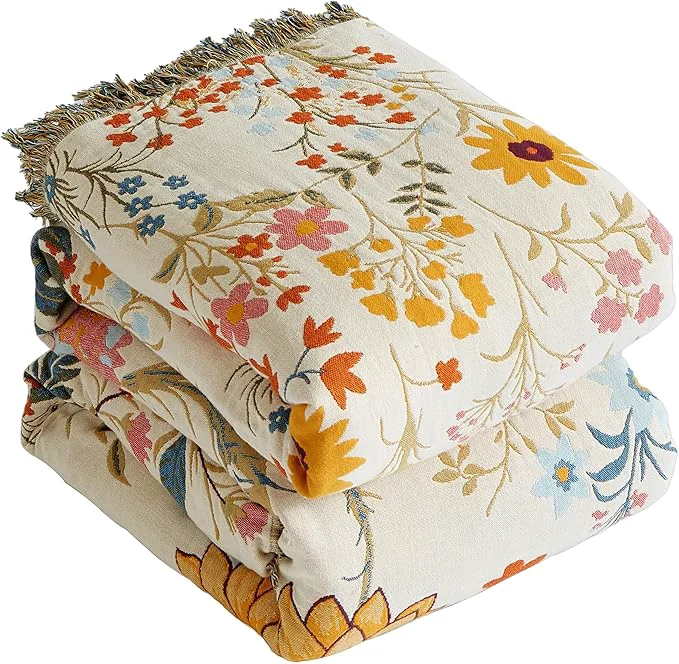 Exceptional Boho Throw Blanket for Bed 80 x90 Cotton Woven Blanket for Couch Sofa Ultra Soft 4-Layer Muslin Quilt with Floral Printed Farmhouse Bed Blanket Cover for Living Room Decor Certified