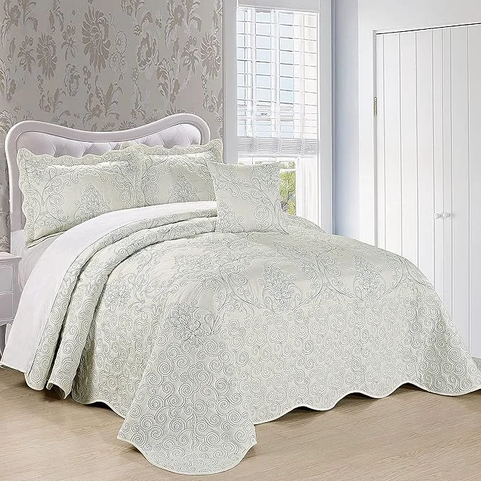 Premium Home Soft Things Damask 4 Piece Bedspread Set Scalloped Edge Reversible Coverlet Comforter Prewashed Bedding Set Matelasse Embossed Floral Solid Pattern Antique White Oversize King 120 quot x 120 quot Breathable