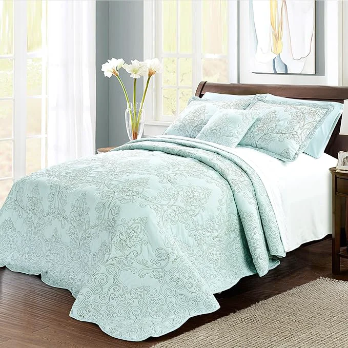 Recyclable Home Soft Things Damask 4 Piece Bedspread Set Scalloped Edge Reversible Quilt Coverlet Comforter Prewashed Bedding Set Matelasse Embossed Floral Solid Pattern Blue Oversize King 120 quot x 120 quot Optimized