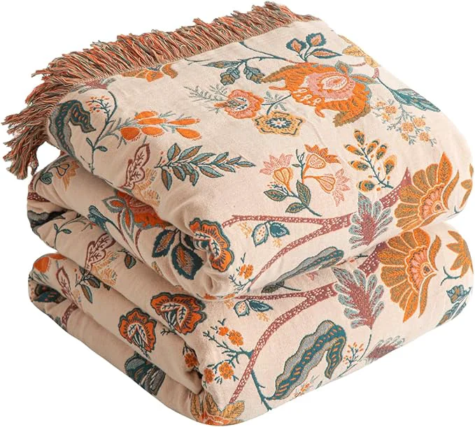Next-Generation Boho Throw Blanket for Bed 80 x90 Cotton Woven Blanket for Couch Sofa Ultra Soft 4-Layer Muslin Quilt with Floral Printed Farmhouse Bed Blanket Cover for Living Room Decor Genuine