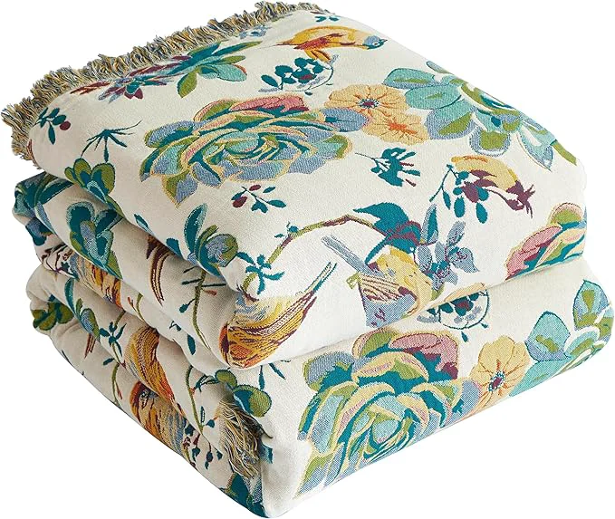 Sophisticated Boho Throw Blanket for Bed 60 x80 Cotton Woven Blanket for Couch Sofa Ultra Soft 4-Layer Muslin Quilt with Floral Printed Farmhouse Bed Blanket Cover for Living Room Decor Original Design