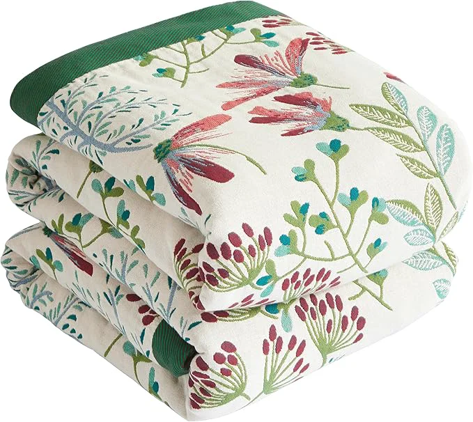 Dependable Boho Throw Blanket for Bed 90 x98 Cotton Woven Blanket for Couch Sofa Ultra Soft 4-Layer Muslin Quilt with Floral Printed Farmhouse Bed Blanket Cover for Living Room Decor Solid
