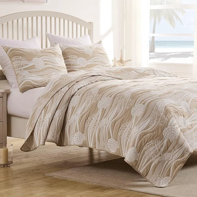 Soft Greenland Home Coastal Paradise Reversible Matelassé Coverlet Set 3-Piece King Cal King Dover Natural High-Grade