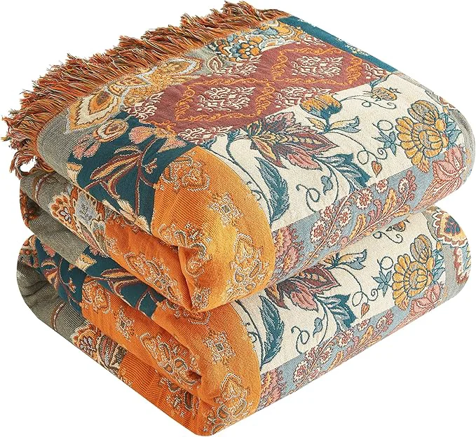 Artisan Boho Throw Blanket for Bed 60 x80 Cotton Woven Blanket for Couch Sofa Ultra Soft 4-Layer Muslin Quilt with Patchwork Floral Printed Farmhouse Bed Blanket Cover for Living Room Decor Green