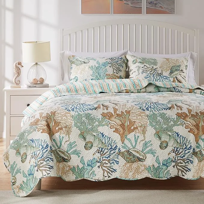 Healthy Barefoot Bungalow Atlantis Coastal Quilt Set 3-Piece King Cal King Jade Functional
