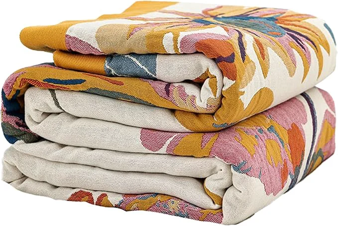Contemporary Boho Throw Blanket for Bed 50 x60 Cotton Woven Blanket for Couch Sofa Ultra Soft 4-Layer Muslin Quilt with Floral Printed Farmhouse Bed Blanket Cover for Living Room Decor Responsible