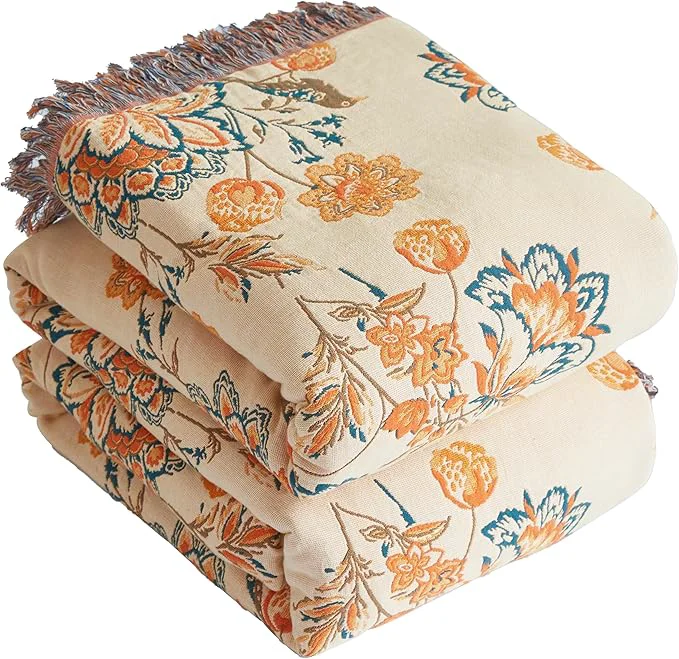 Excellent Boho Throw Blanket for Bed 90 x98 Cotton Woven Blanket for Couch Sofa Ultra Soft 4-Layer Muslin Quilt with Floral Printed Farmhouse Bed Blanket Cover for Living Room Decor Sophisticated