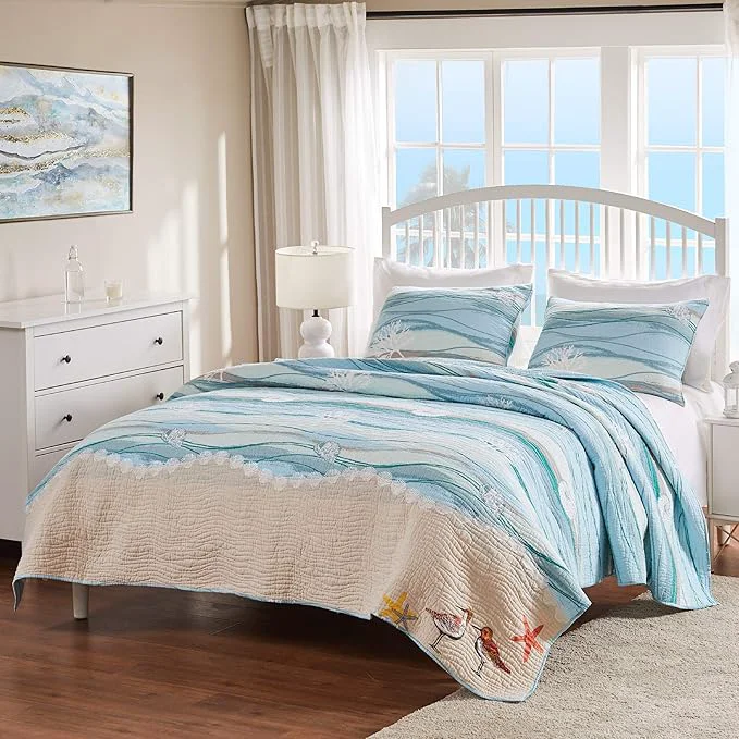 Reusable Greenland Home Maui Embroidered Coastal Quilt Set Twin Twin XL 2-Piece Contemporary