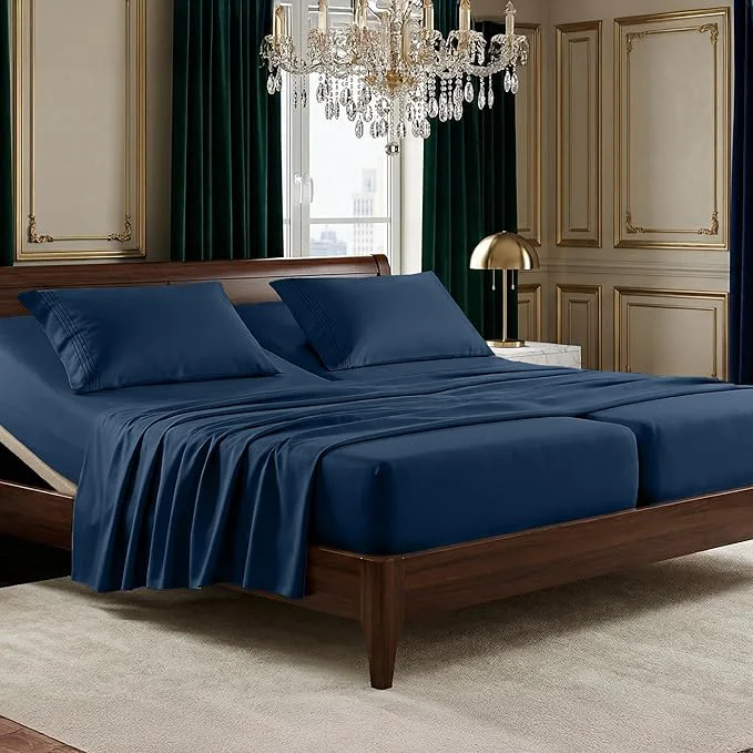 Pure Elegant Comfort Luxurious 1500 Premium Hotel Quality Microfiber Three Line Embroidered Softest 5-Piece Bed Sheet Set Wrinkle and Fade Resistant Split King Navy Next-Generation