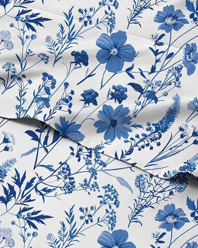 Advanced Floral Sheets – White amp Blue Bed Sheet Set – 1 Flat 1 Fitted amp 1 Pillowcase w Deep Pockets – Comfy Cozy Wrinkle amp Fade – Boho Botanical Bedding – Soft Breathable amp Cooling – Twin Size Set Stylish