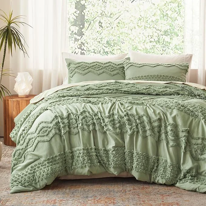 Prestigious Luxudecor Sage Green Tufted Comforter Set Queen Size 3 Pieces Boho Shabby Chic Comforter Farmhouse Embroidery Bedding Set Soft Comforter for All Seasons Sage Green 90 39 39 x90 39 39 Functional