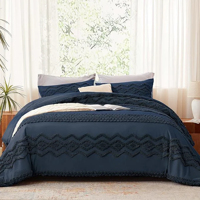 Natural Luxudecor Navy Blue Boho Tufted Comforter Set Queen Size 3 Pieces Boho Shabby Chic Comforter Farmhouse Embroidery Bedding Set Soft Comforter for All Seasons Navy Blue 90 39 39 x90 39 39 Breathable