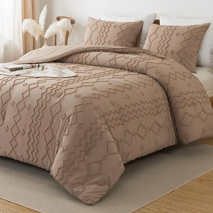 Durable Andency Taupe Tufted Comforter Set Twin 66x90Inch 2 Pieces 1 Boho Comforter 1 Pillowcase Textured Farmhouse Soft Microfiber Down Geometric Bedding Set Lightweight