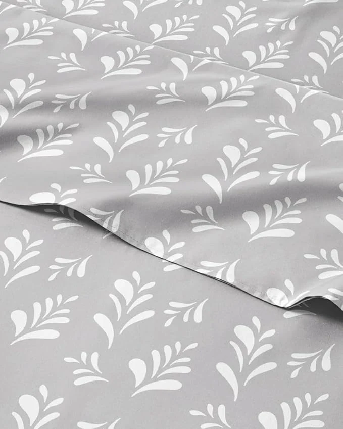 Premium Floral Sheets – Grey amp White Bed Sheet Set – 1 Flat 1 Fitted amp 2 Pillowcases w Deep Pockets – Comfy Wrinkle amp Fade – Boho Botanical Bedding – Ultra-Soft Breathable amp Cooling – King Size Set Solid