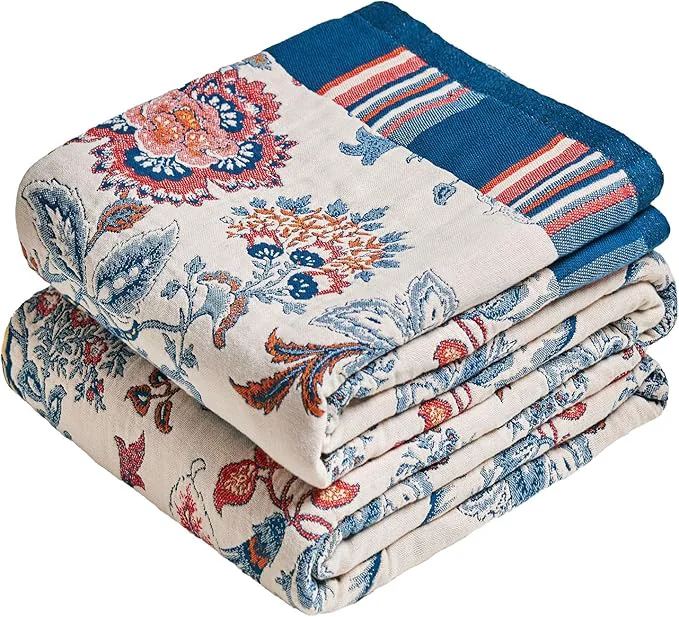 Comfortable MSGKV Boho Throw Blanket 90 quot x90 quot Cotton Floral Blanket for Bed Spring Breathable Lightweight Queen Blankets All Seasons Home Decor Muslin Traditional