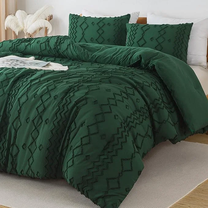 Sustainable Andency California King Comforter Set Emerald Green 3 Pieces Boho Tufted Geometric Shabby Chic Bedding Soft Fluffy Farmhouse Bed Set Dark Green Textured Comforter for All Season 104×96 Inch Safe
