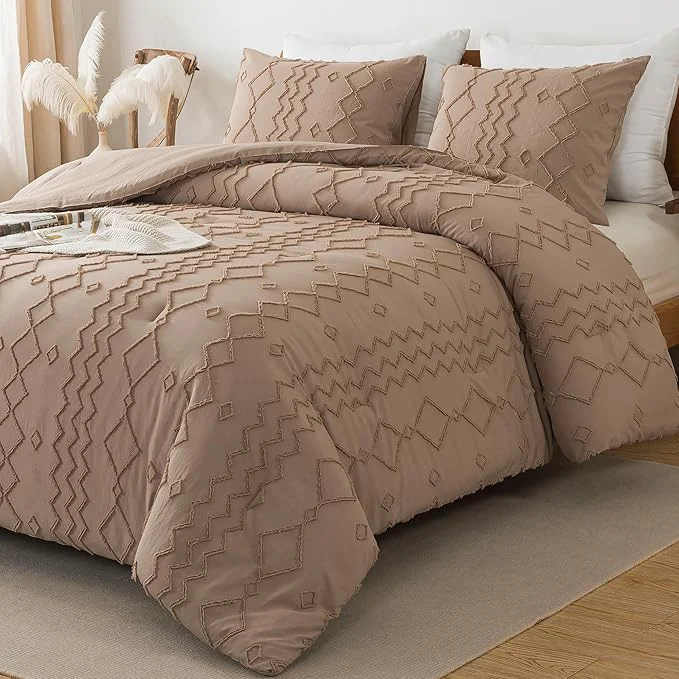 World-Class Andency Taupe Tufted Comforter Set California King 104x96Inch 3 Pieces 1 Boho Comforter 2 Pillowcases Textured Farmhouse Bedding Soft Microfiber Down Geometric Set Exclusive