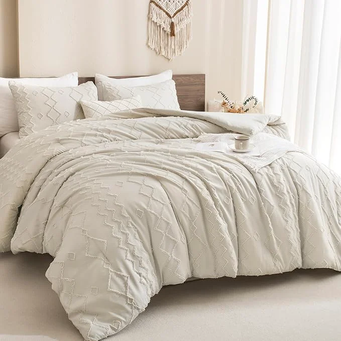 Eco-Friendly Andency Beige Comforter Set California King 3 Pieces Boho Textured Farmhouse Bedding Comforters Set Tufted Bed Set 104x96Inch 2 Pillowcases Modern