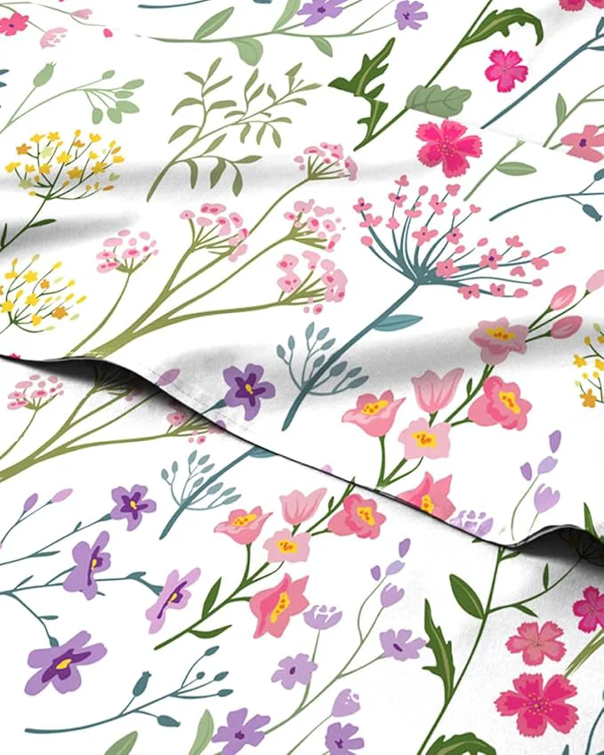 Solid Floral Sheets – Flower Print Bed Sheet Set – 1 Flat 1 Fitted amp 2 Pillowcases w Deep Pockets – Comfy Cozy Wrinkle amp Fade – Boho Botanical Bedding – Soft Breathable amp Cooling – Queen Size Set Fashionable