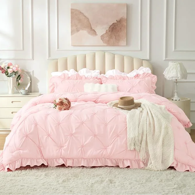 Smooth BEDELITE Baby Pink King Size Comforter Set – 3 Pieces Boho Ruffle Pintuck Bedding Comforter Sets Lightweight Soft amp Warm King Bedding Set with 2 Pillowcases for All Season Genuine