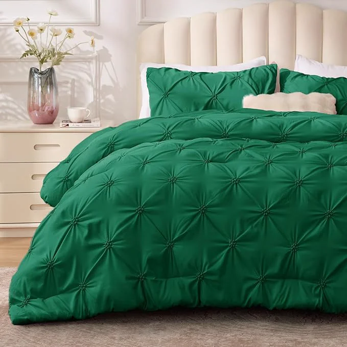 Traditional BEDELITE Forest Green Queen Comforter Set – 3 Pieces Boho Pintuck Bedding Comforter Sets Lightweight Soft amp Warm Bed Comforter Queen with 2 Pillowcases for All Season Durable