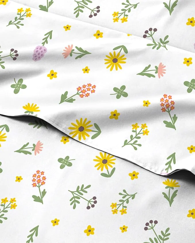 Certified Floral Sheets – Flower Print Bed Sheet Set – 1 Flat 1 Fitted amp 2 Pillowcases w Deep Pockets – Comfy Cozy Wrinkle amp Fade – Boho Botanical Bedding – Soft Breathable amp Cooling – Queen Size Set Lightweight