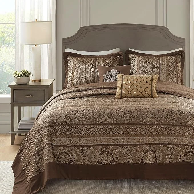 Quality Madison Park Bellagio Reversible Quilted Bedspread Set Solid Reverse Summer Breathable Lightweight All Season Bedding Layer Matching Shams Bedspread King 120 quot x118 quot Brown 5 Piece Clean