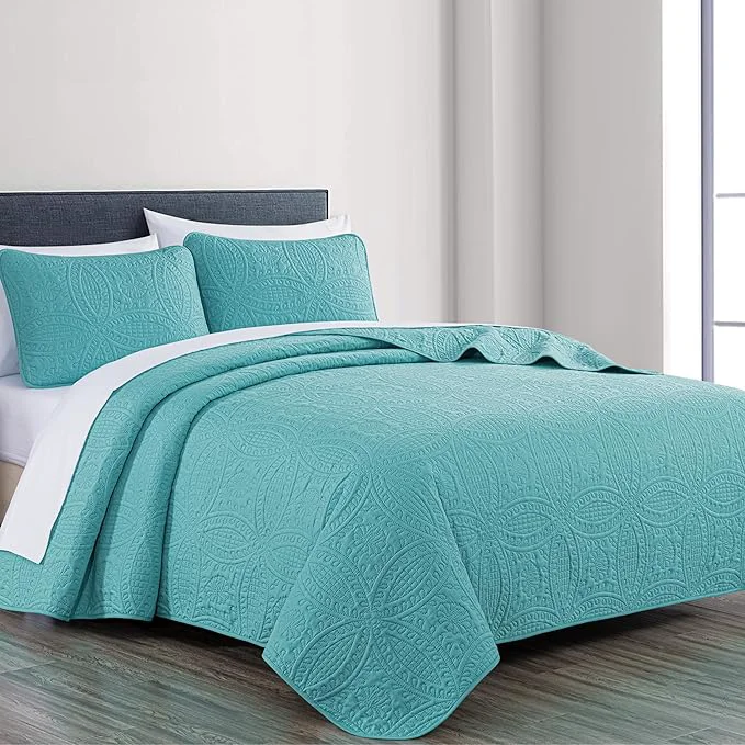 Trendy Chezmoi Collection Austin 3-piece Oversized Bedspread Coverlet Set Queen Turquoise Oversized Lightweight Fade Resistant High-End