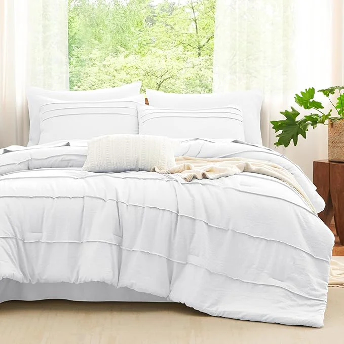 Eco-Friendly CozyLux Full Size Comforter Sets White 7 Pieces Soft Pinch Pleat Bed in a Bag Full Comforter Set with Sheets Boho Bed Set with Down Comforter Sheets Pillowcases amp Shams Contemporary