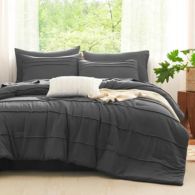 Proven CozyLux Queen Comforter Set Dark Grey 7 Pieces Soft Pinch Pleat Bed in a Bag Queen Comforter Set with Sheets Boho Bed Set with Down Comforter Sheets Pillowcases amp Shams Secure