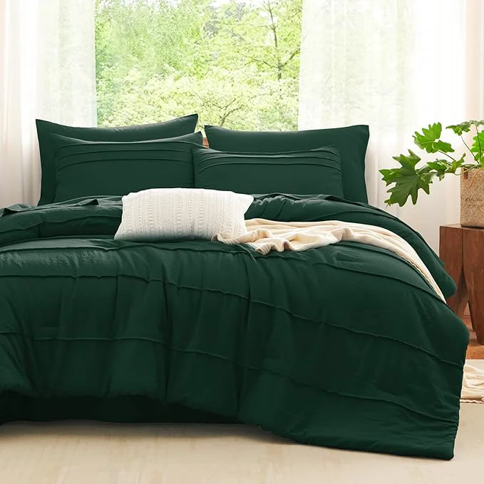 Functional CozyLux Queen Comforter Set Emerald Green 7 Pieces Soft Pinch Pleat Bed in a Bag Queen Comforter Set with Sheets Boho Bed Set with Down Comforter Sheets Pillowcases amp Shams Pure