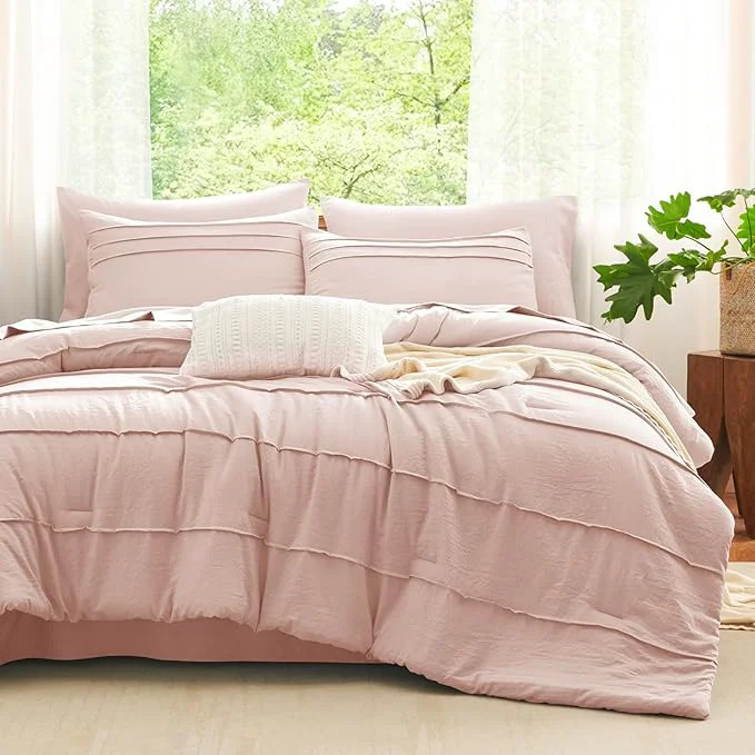 Functional CozyLux King Size Comforter Set Pink 7 Pieces Soft Pinch Pleat Bed in a Bag King Comforter Set with Sheets Boho Bed Set with Down Comforter Sheets Pillowcases amp Shams Long-Lasting