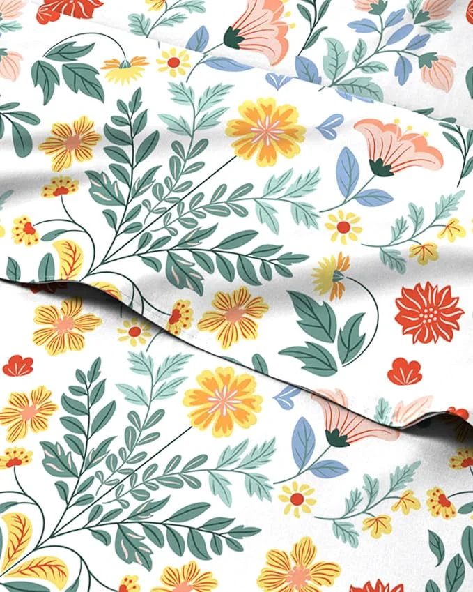 Flexible Floral Sheets – Flower Print Bed Sheet Set – 1 Flat 1 Fitted amp 2 Pillowcases w Deep Pockets – Comfy Wrinkle amp Fade – Boho Botanical Bedding – Soft Breathable and Cooling – Cal King Size Set First-Class