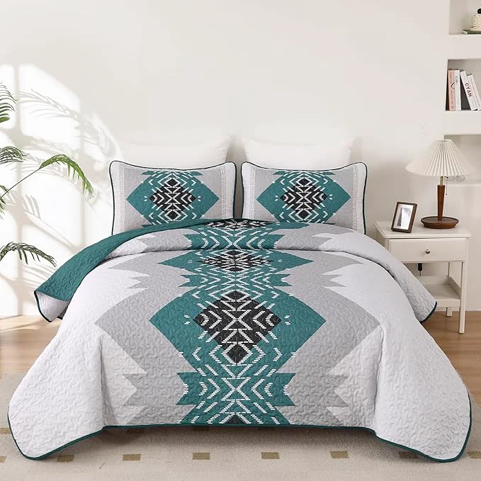 Convenient Dintszyayue Teal Boho Quilt Set Queen 3 Pieces Turquoise Aztec Texture Bedspread Coverlet Set with 2 Pillowcases Soft Lightweight Microfiber Bohemian Quilt Bedding Set for All Season 90 quot x96 quot Pure