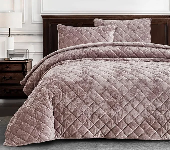 Exclusive Chezmoi Collection Lux Dusty Pink Velvet Quilt Oversized King Set 3-Piece Plush Distressed Velvet Bedding All Season Lightweight Comforter Brushed Microfiber Reverse with Diamond Stitch Quilting Innovative